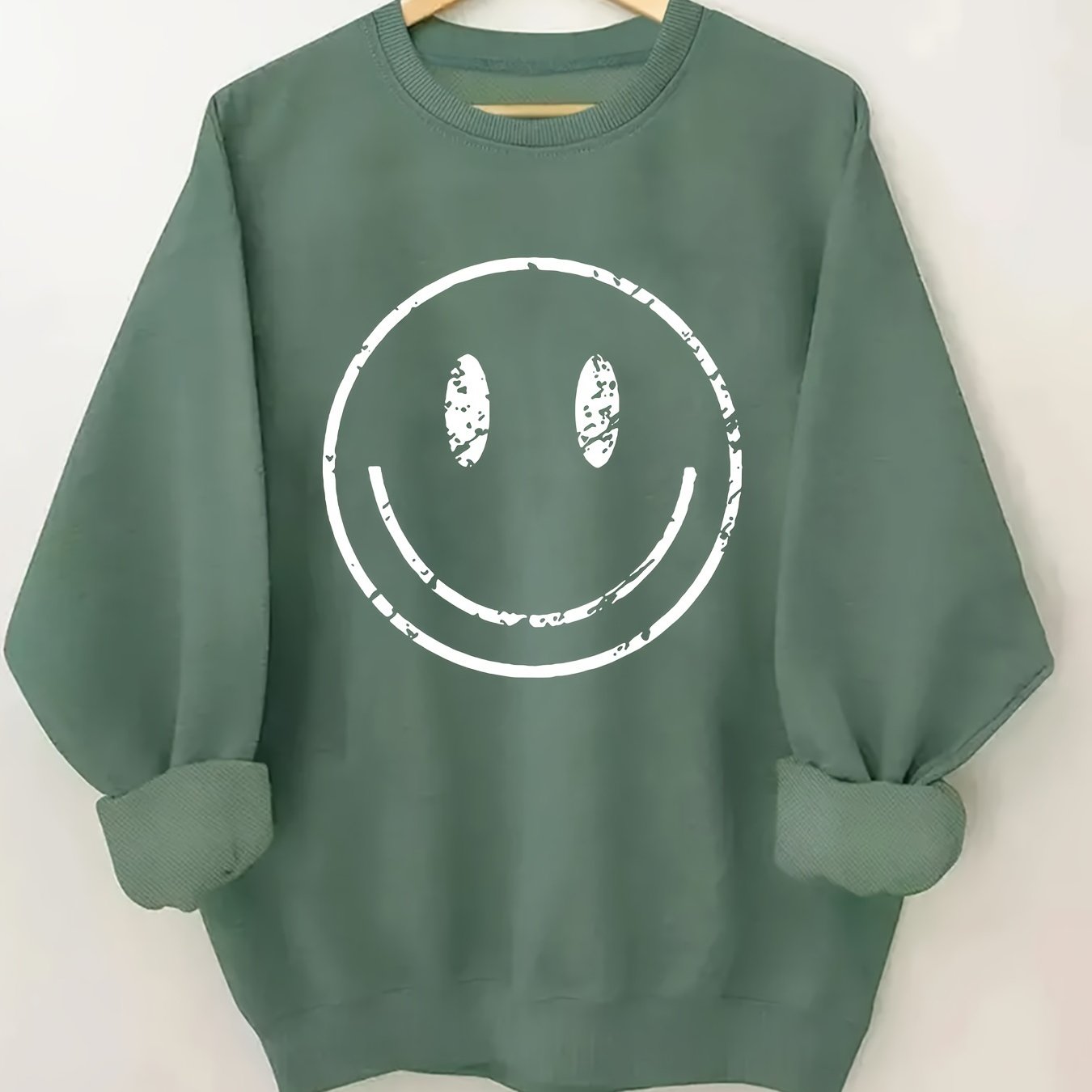 Plus Size Women's Cotton Smile Face Print Sweatshirt Long Sleeve Crew Neck