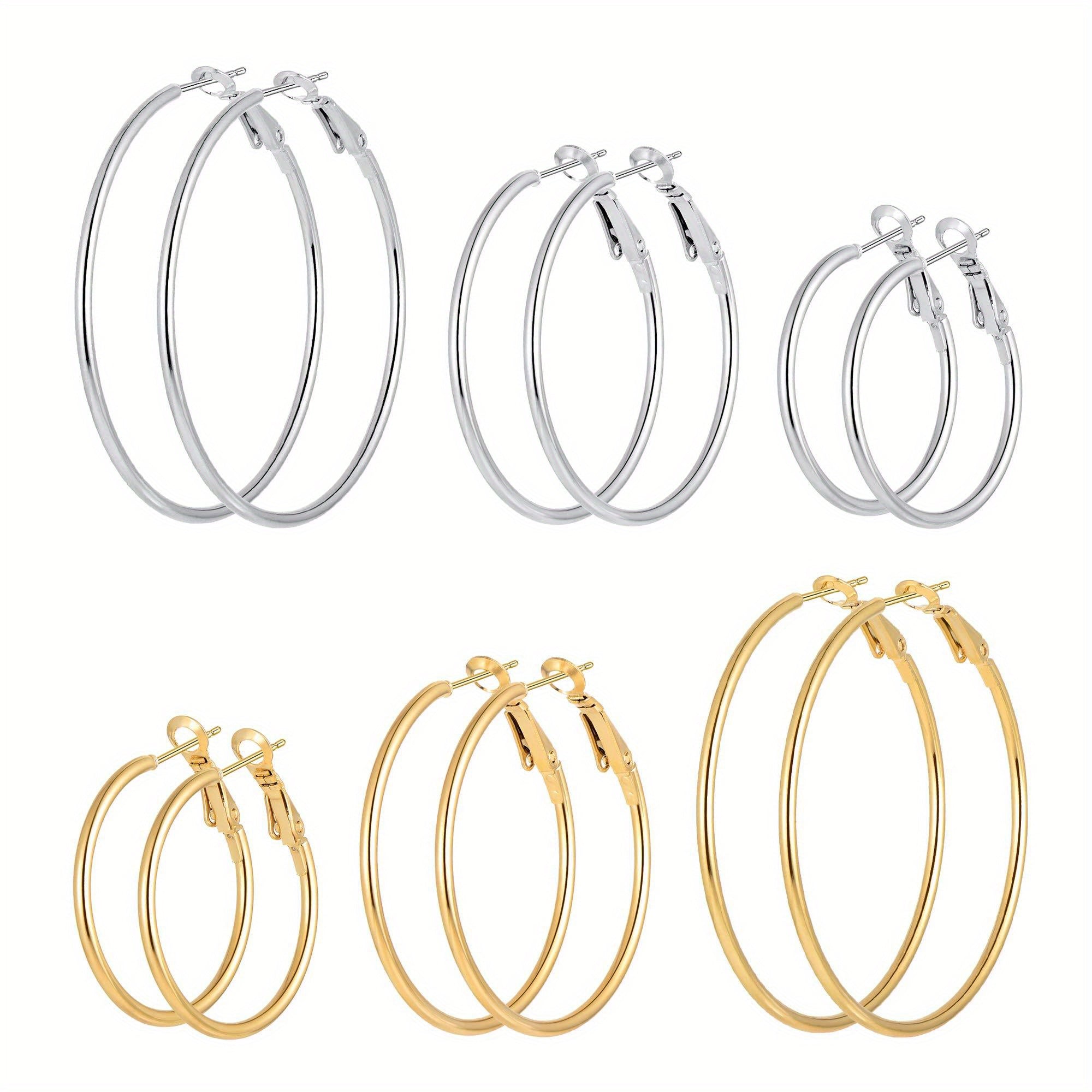 Set of Two Hypoallergenic Stainless Steel Hoop Earrings for Women in Gold and Silver Tones 30mm 40mm 50mm