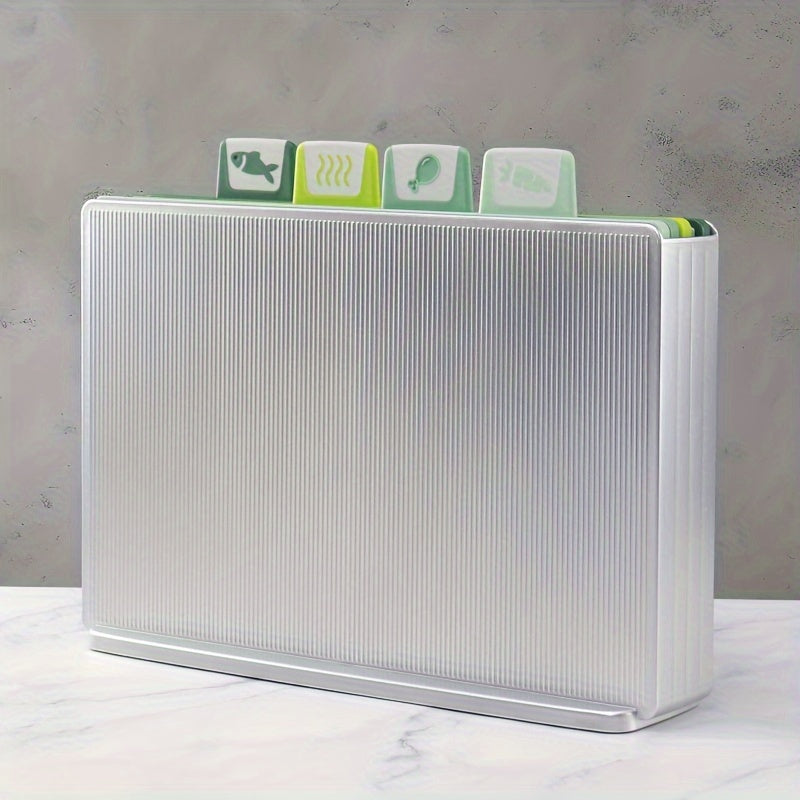 Set of 4 Square Plastic Cutting Boards with Non-Slip Base and Storage Rack