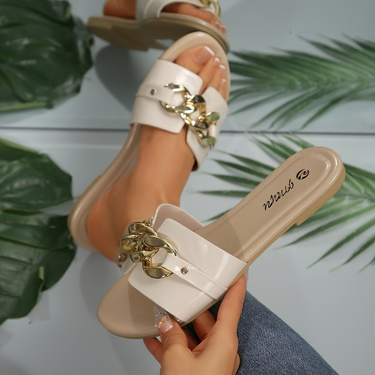 Women's Flat Sandals Open-Toe Solid Color Metal Buckle Casual Outdoor