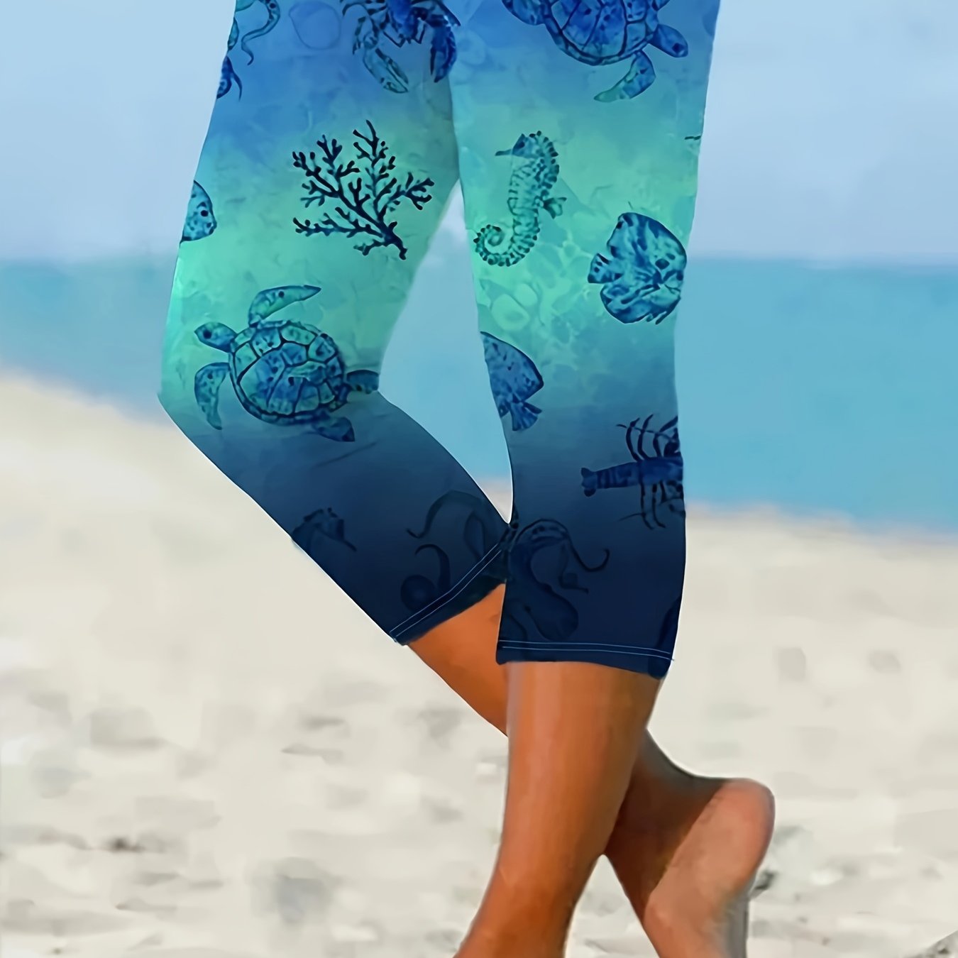 Women's Plus Size Capri Leggings with Turtle Print, Blue Green Gradient, Stretchy Fabric