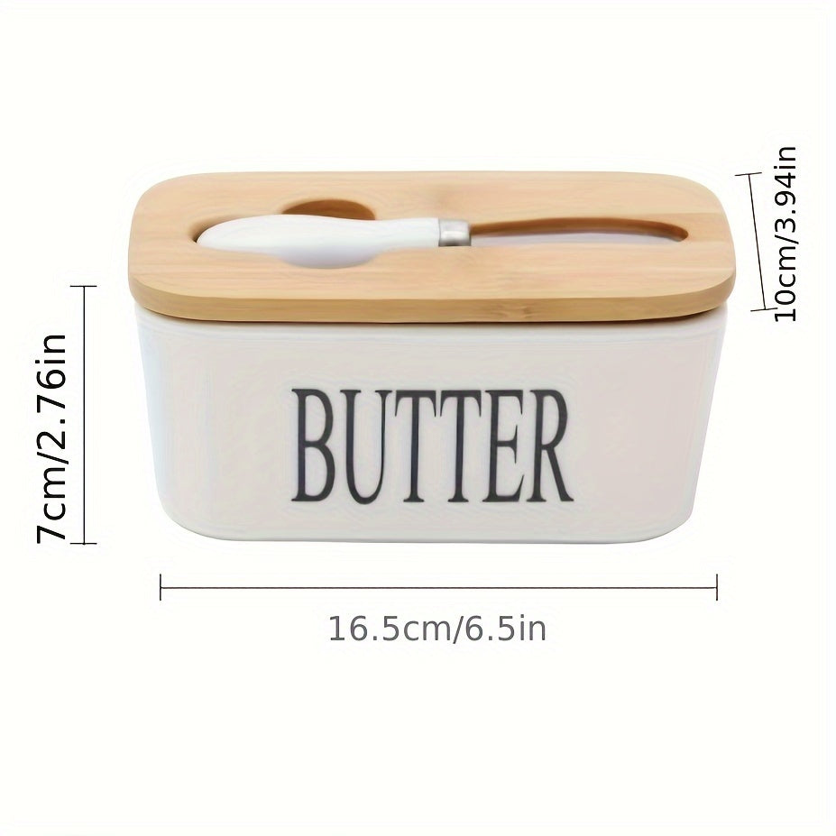 Ceramic Butter Dish Set with Bamboo Lid and Knife, Airtight Countertop Storage