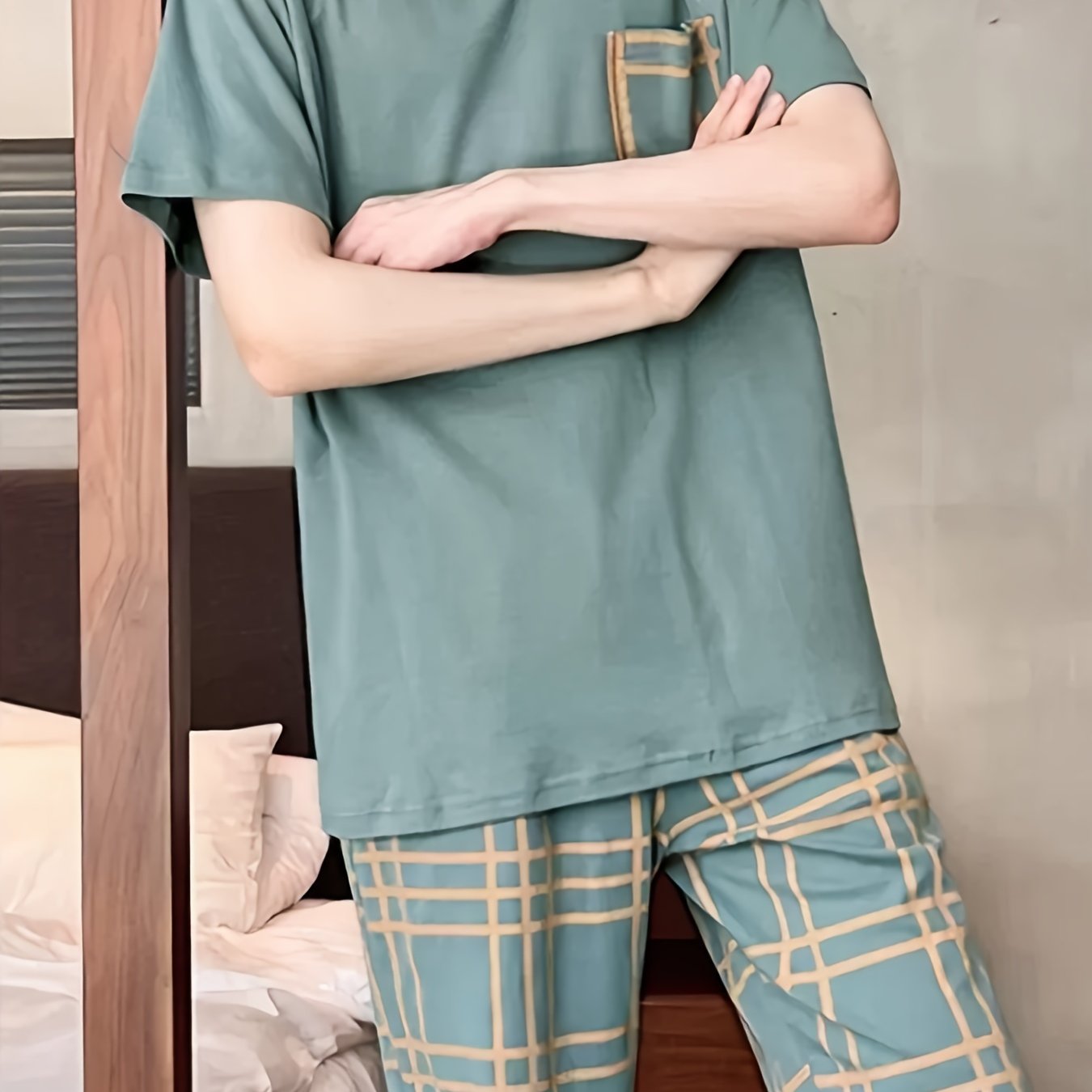 Мужской летний пижамный комплект с зеленой клеткой, короткий рукав, футболка и шорты, удобные и моющиеся в машине