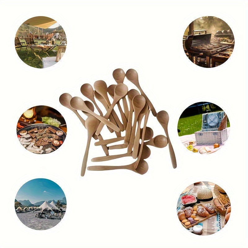 Set of 10 Wooden Long Handle Spoons for Coffee and Cooking