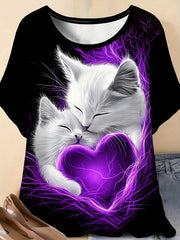 Plus Size Women's White Kittens Purple Hearts Graphic T-Shirt Casual Summer