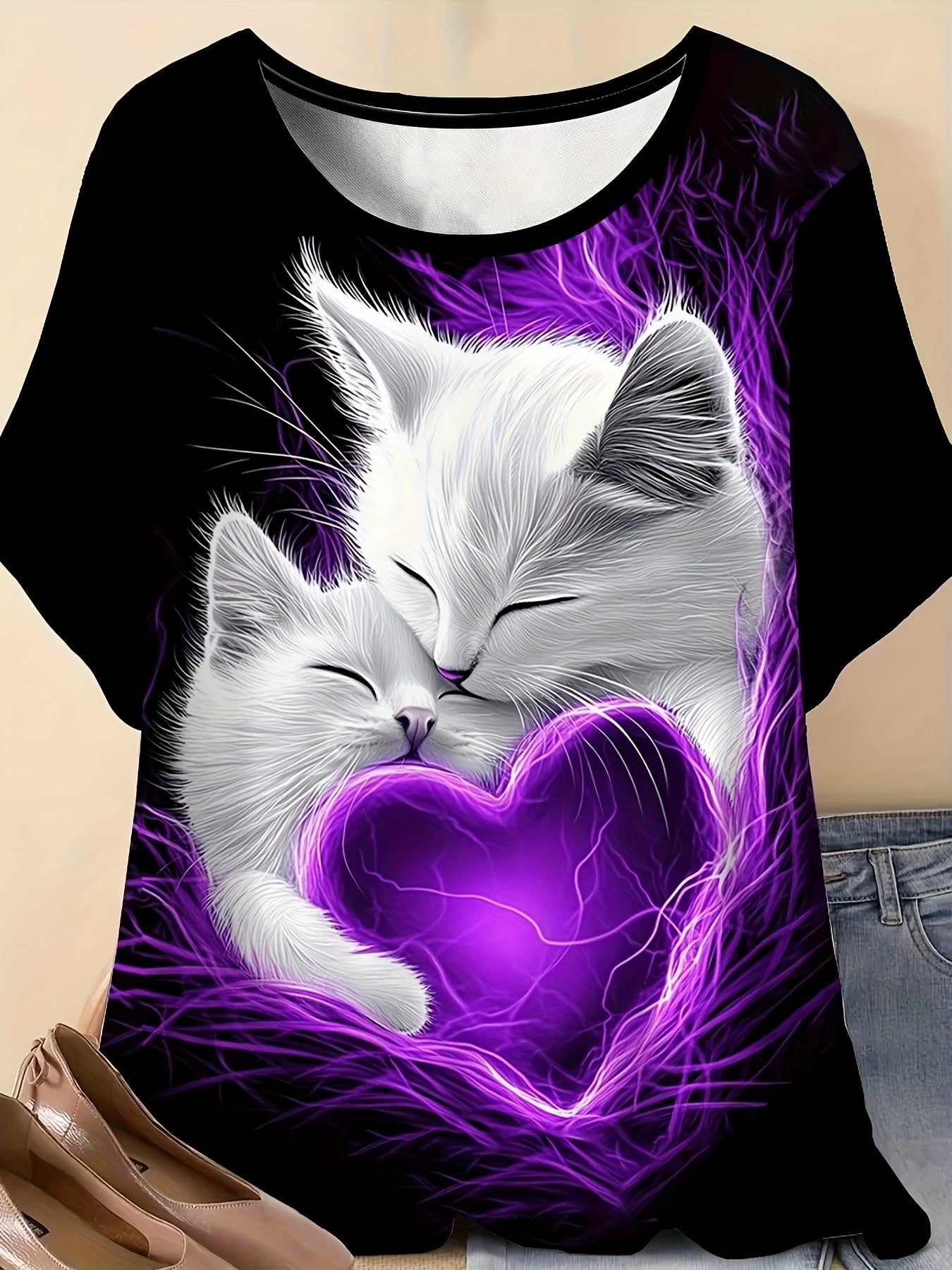 Plus Size Women's White Kittens Purple Hearts Graphic T-Shirt Casual Summer