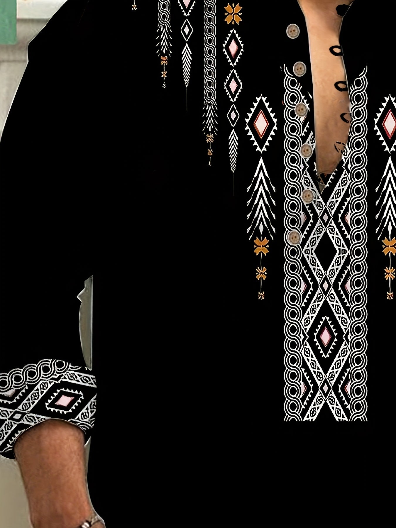 Men's Long Sleeve Striped Color Block Woven Shirt with Stand Collar