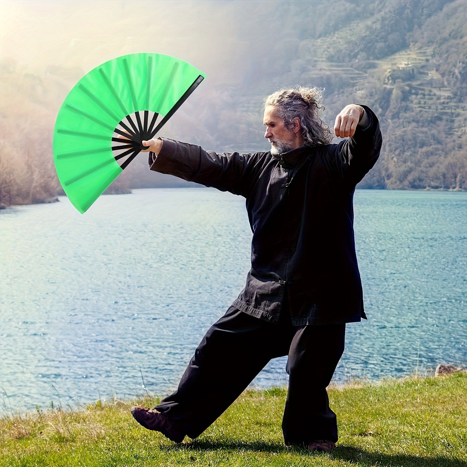 Foldable Nylon Cloth Fan for Dance Martial Arts Performance Non-Skid Grip