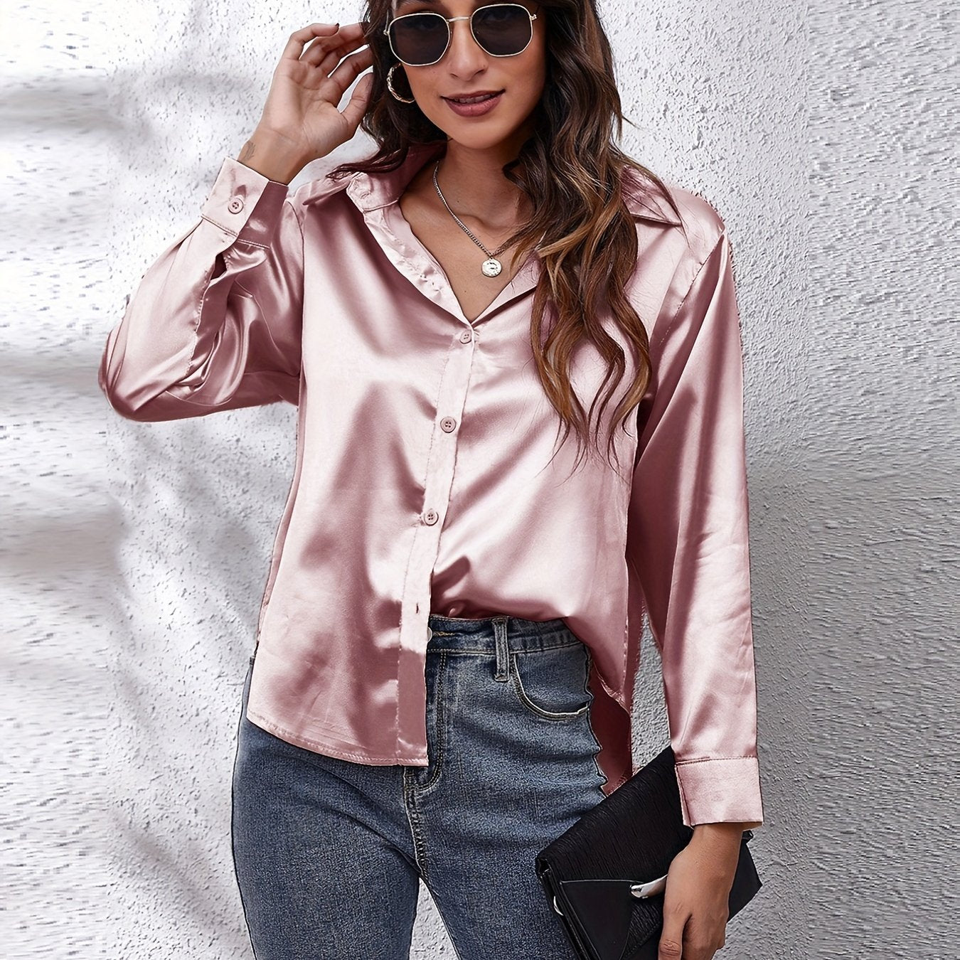 Women's Satin Shirt Long Sleeve Solid Color Lapel Collar Regular Length Single Breasted Elegant Polyester