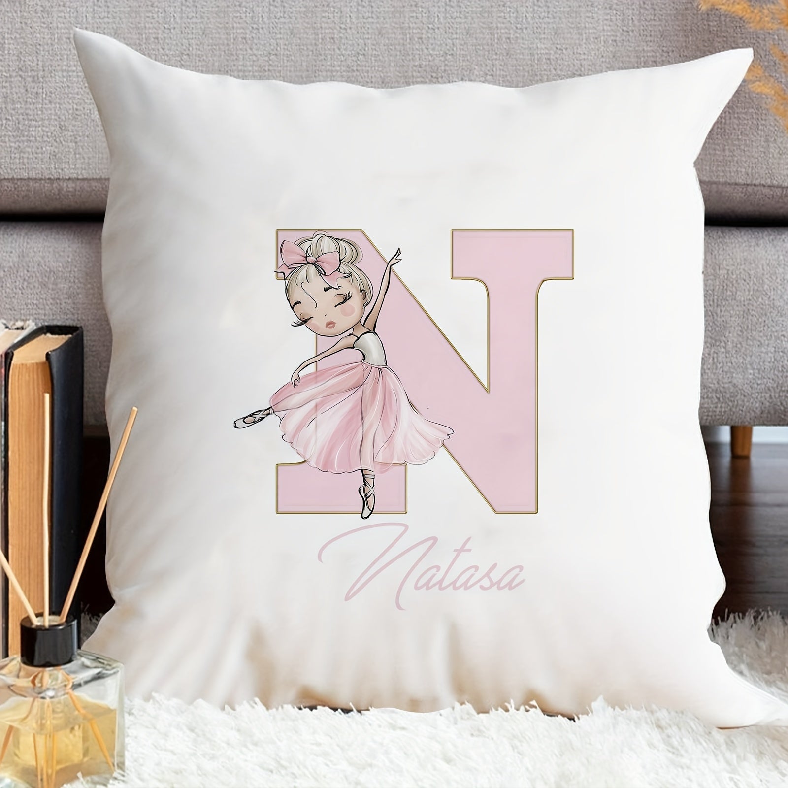 Shaxsiylashtirilgan samoviy yostiq qopqog'i, balet qiz dizayni bilan, pushti harflar, divan uchun dekor, bitta tomonli bosma