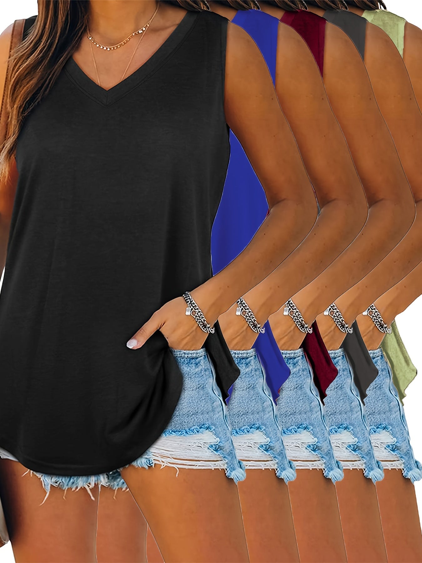 Женские майки больших размеров с однотонным цветом, 5 штук, без рукавов, с V-образным вырезом, повседневные