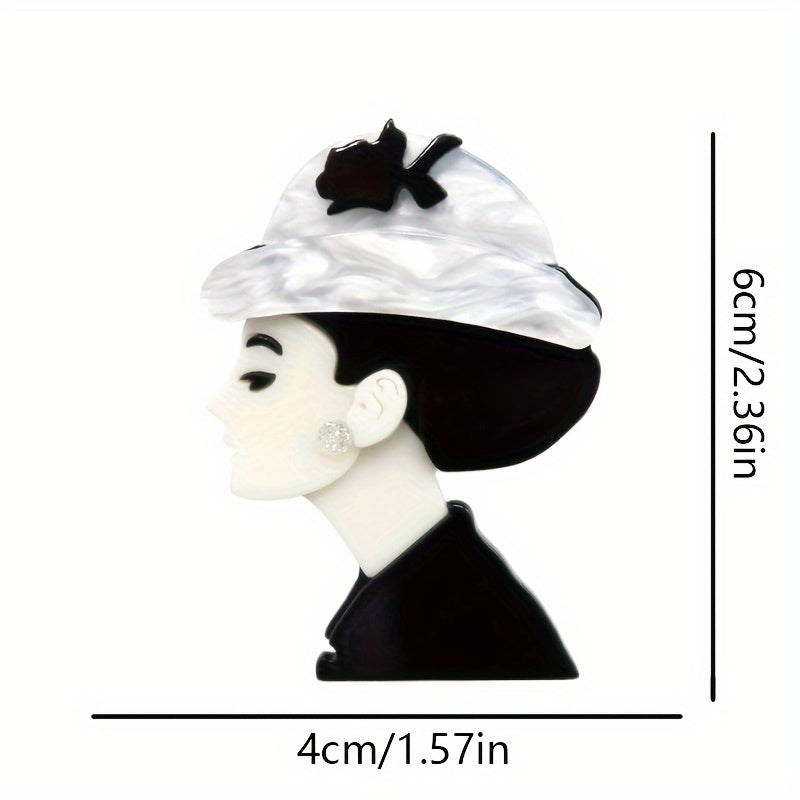 Art Deco akril brosh with elegant lady and marbled hat