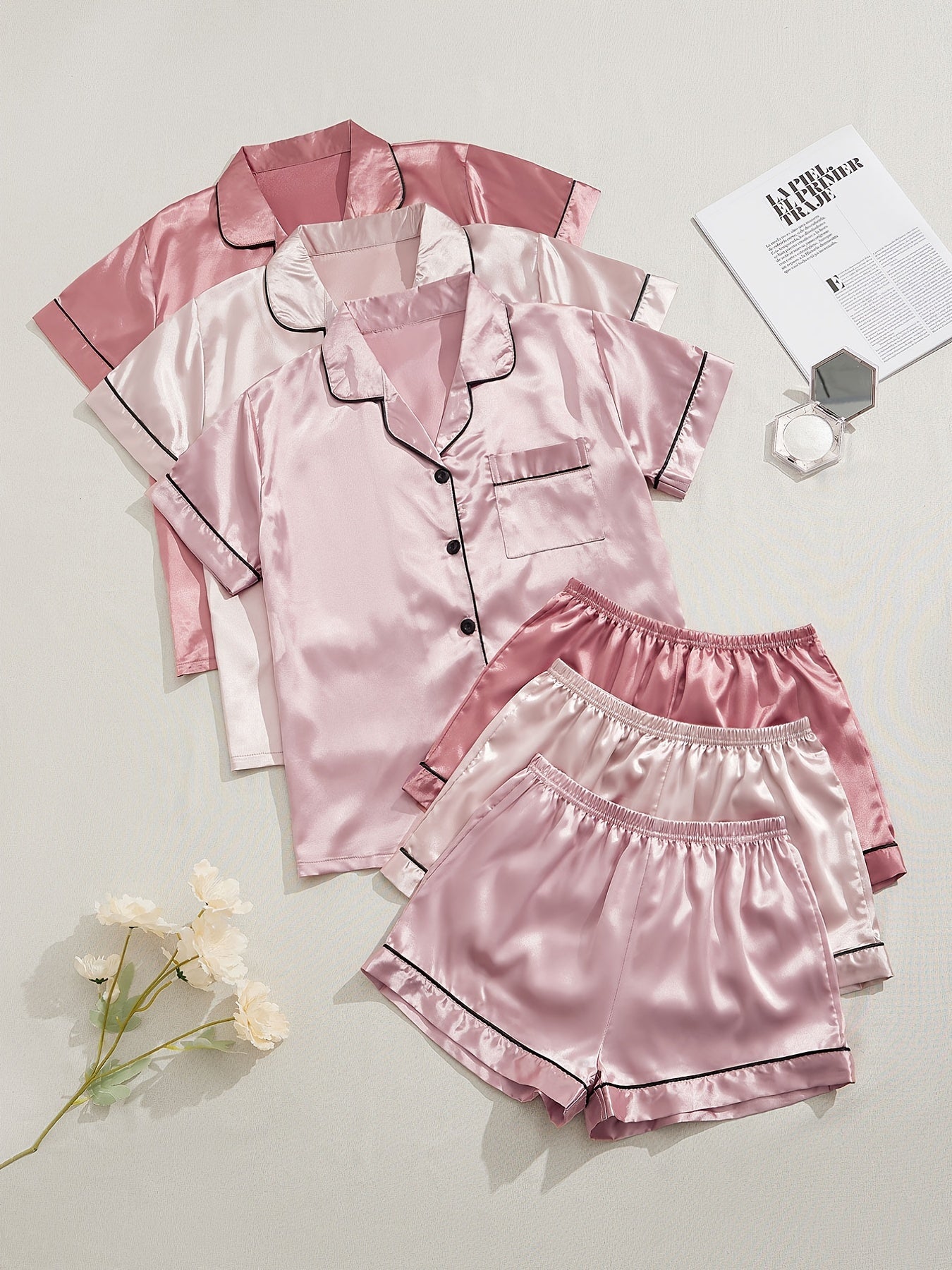 Women's Satin Pajama Set Short Sleeve Top and Elastic Waist Shorts Sleepwear Lounge Wear