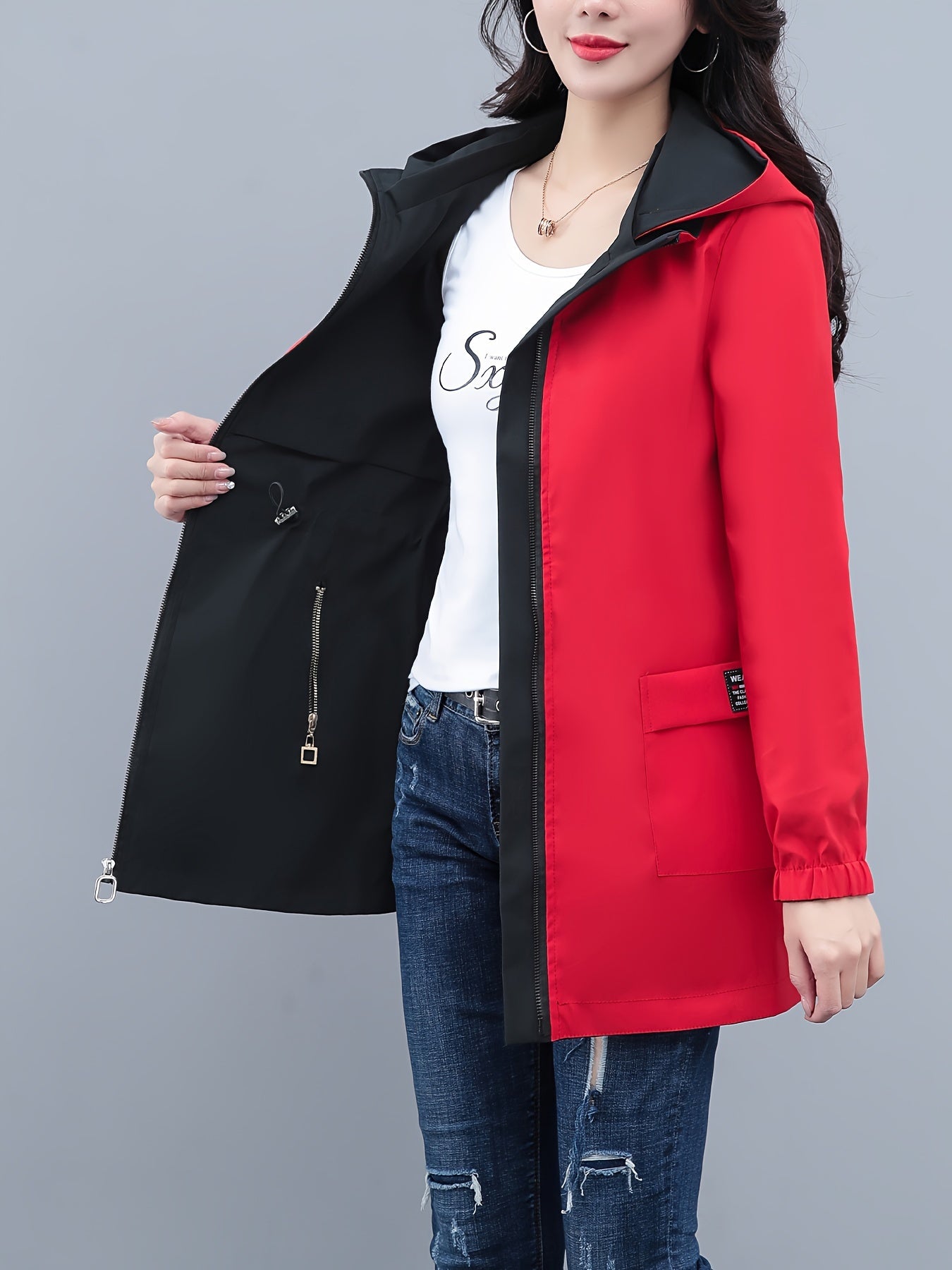 Women's Color Block Windbreaker Hoodie Jacket with Zipper Pockets for Spring Fall