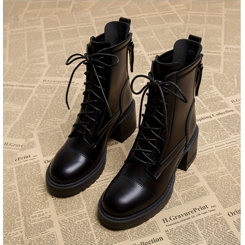 Ayollar uchun qora qalin o'rta poyabzal, tizzaga chiqadigan, charm, bog'lamli, kundalik va rasmiy kiyim uchun