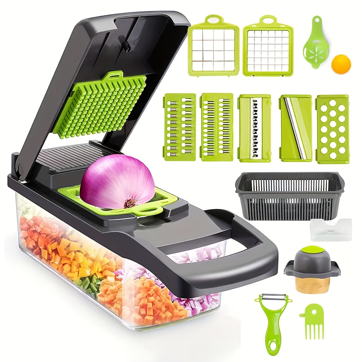 Multi-Functional Manual Vegetable Chopper with Drain Basket and Hand Protector