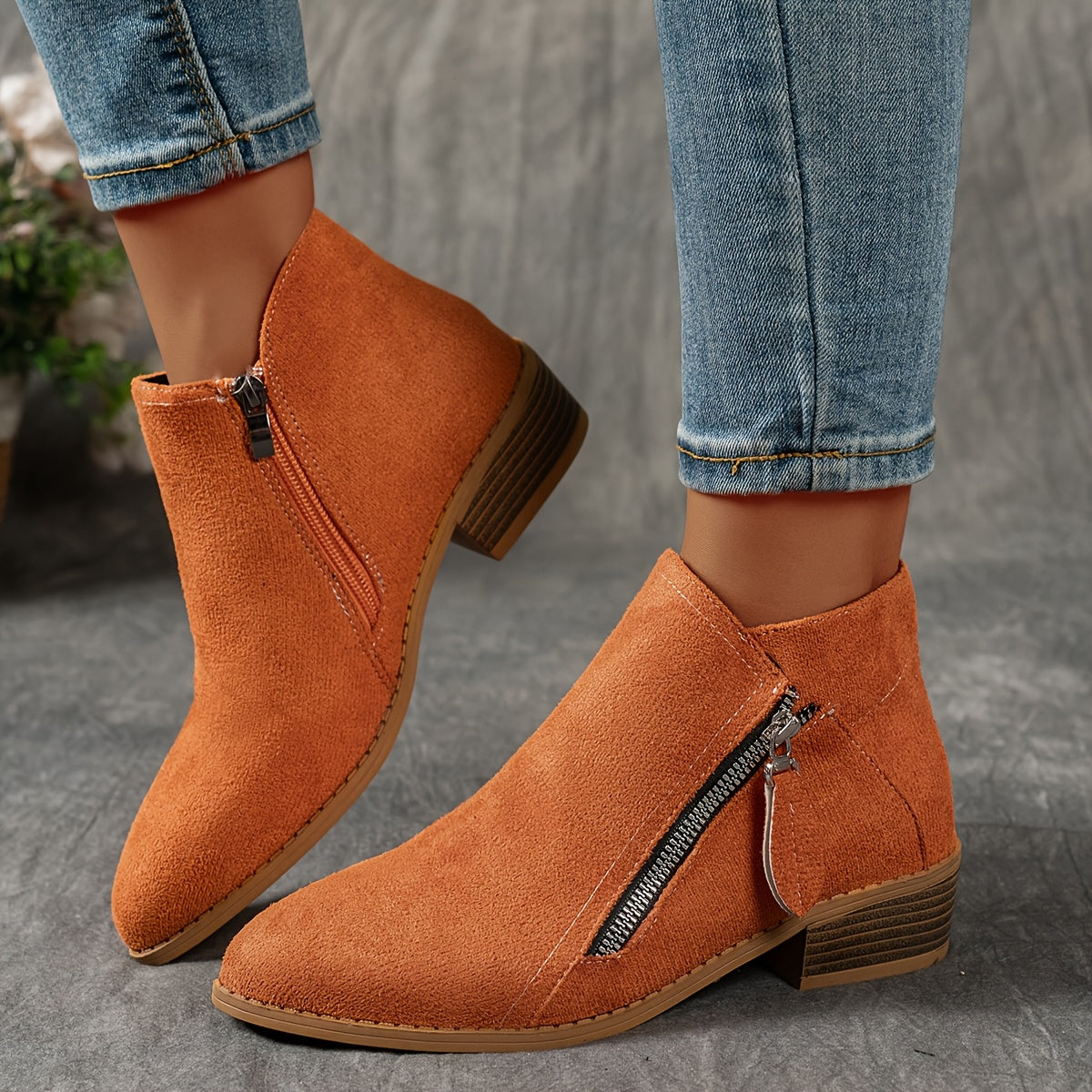 Women's Velvet Chunky Heel Ankle Boots with Slip-On Zipper and Non-Slip Sole