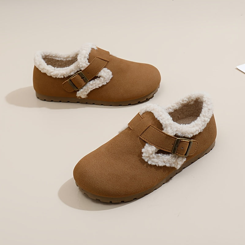 Women's Flannel-Lined Ankle Booties Casual Flat Heel Buckle Closure