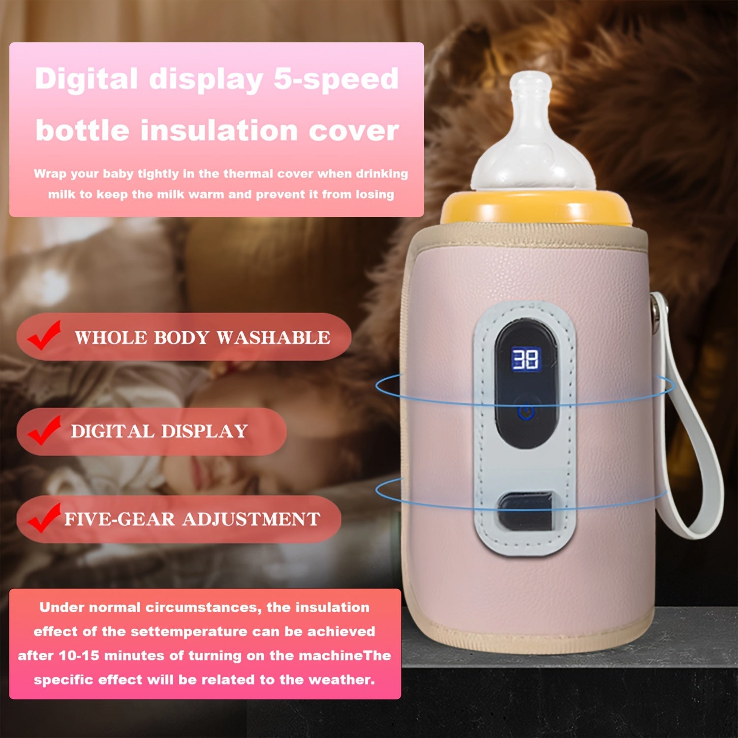 Digital Display Bottle Warmer Sleeve for 0-6 Years Old Insulated Faux Leather