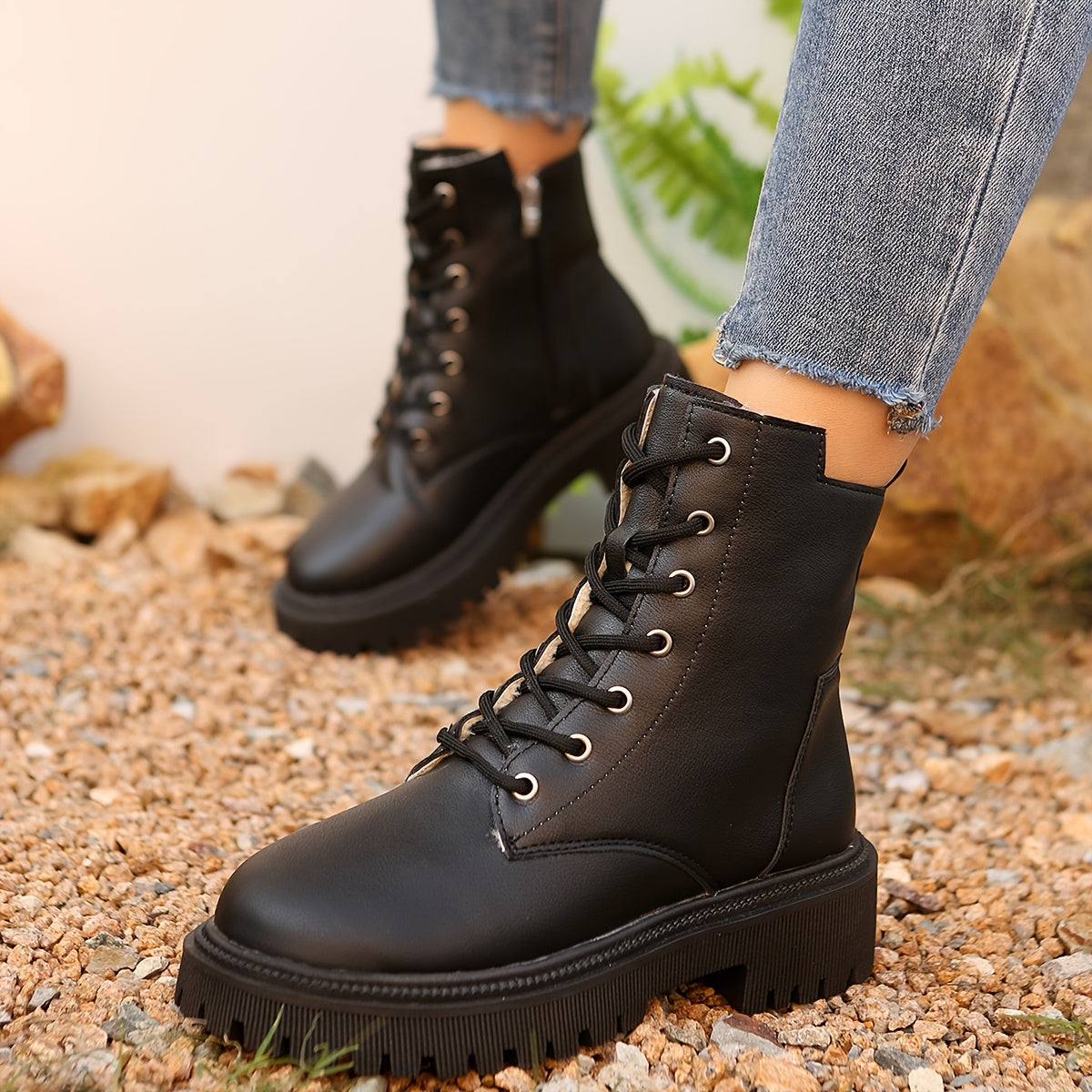 Women's Fleece-Lined Casual Short Boots Autumn Winter Warm Solid Color
