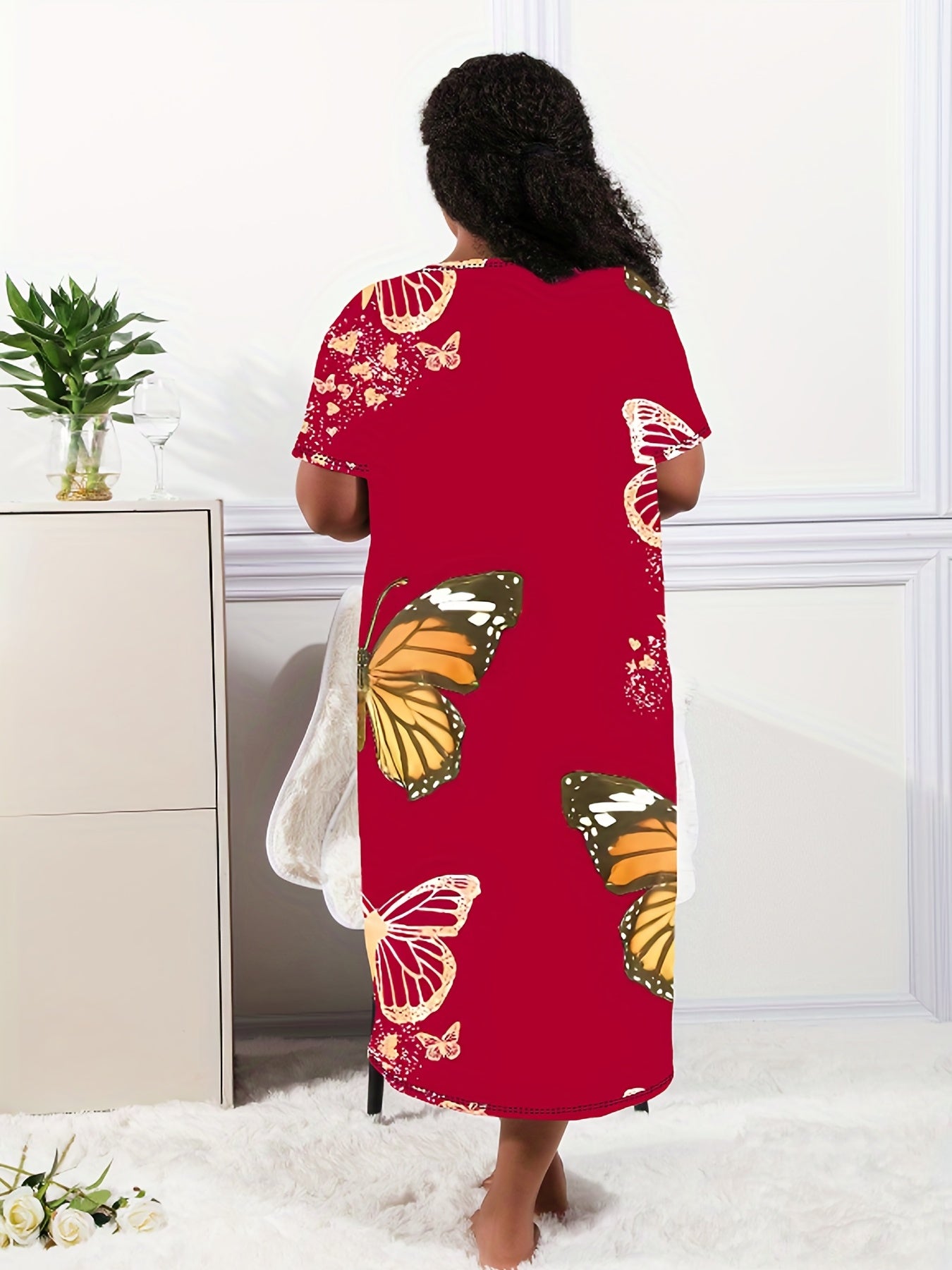 Women's Plus Size Lounge Dress Butterfly Print Short Sleeve Nightdress