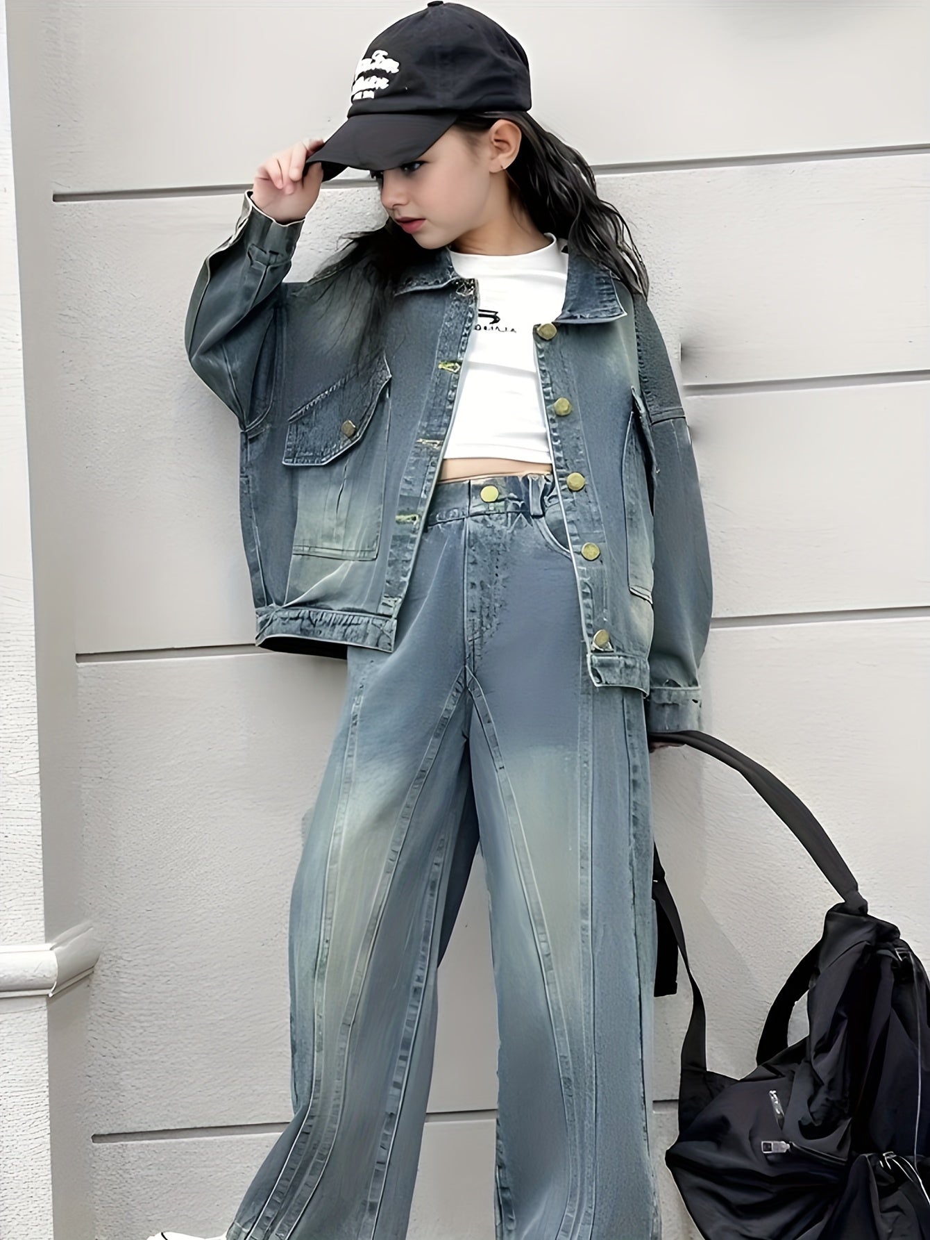 Girls Spring 2024 Casual Denim Wide-Leg Pants and Jacket Set for Kids