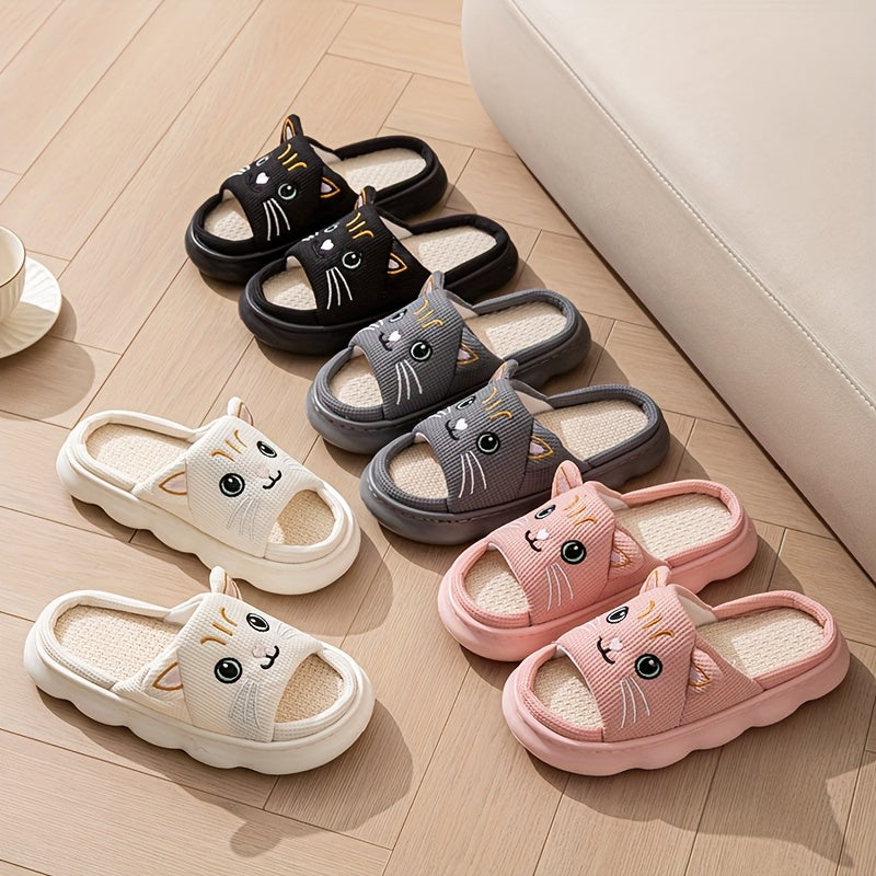 Women’s Slip-On Slippers with Cat Face Design, Soft Fabric, Indoor Shoes