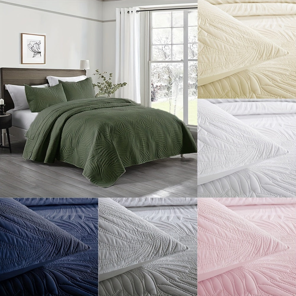 3-Piece Reversible Polyester Bedspread Set with Ultrasonic Leaf Pattern and Pillow Shams