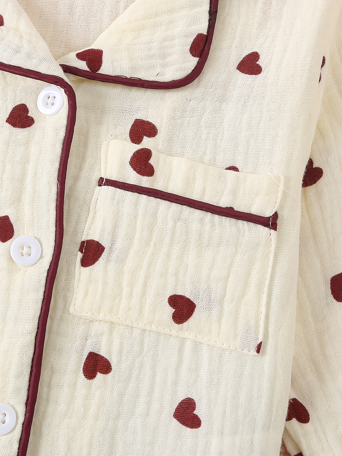 Girls All-Season Cotton Pajama Set with Heart Print Lapel Collar Loose Fit Sleepwear for Over 3 Years