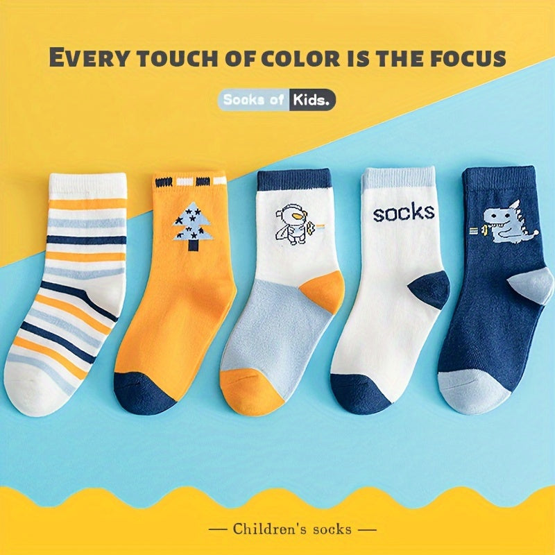 Kids Crew Socks 5 Pairs Cartoon Astronaut Striped Fall Winter Polyester Blend