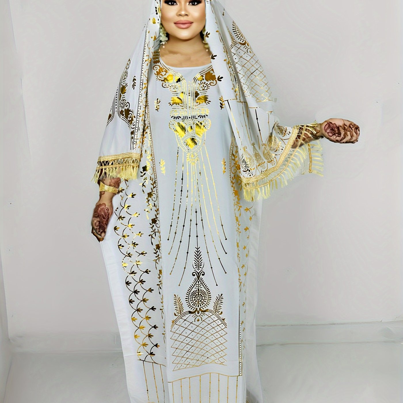 Plus Size Floral Maxi Kaftan Dress Elegant Crew Neck Batwing Sleeve