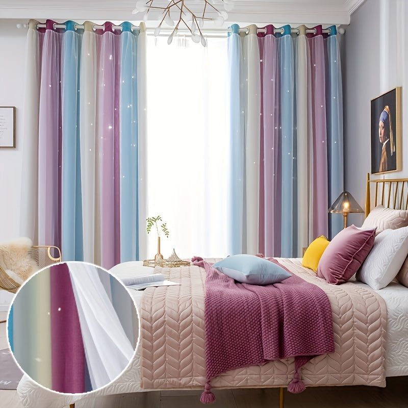 Double-Layered Grommet Top Curtain with Rainbow Star Pattern for Nursery Bedroom Living Room