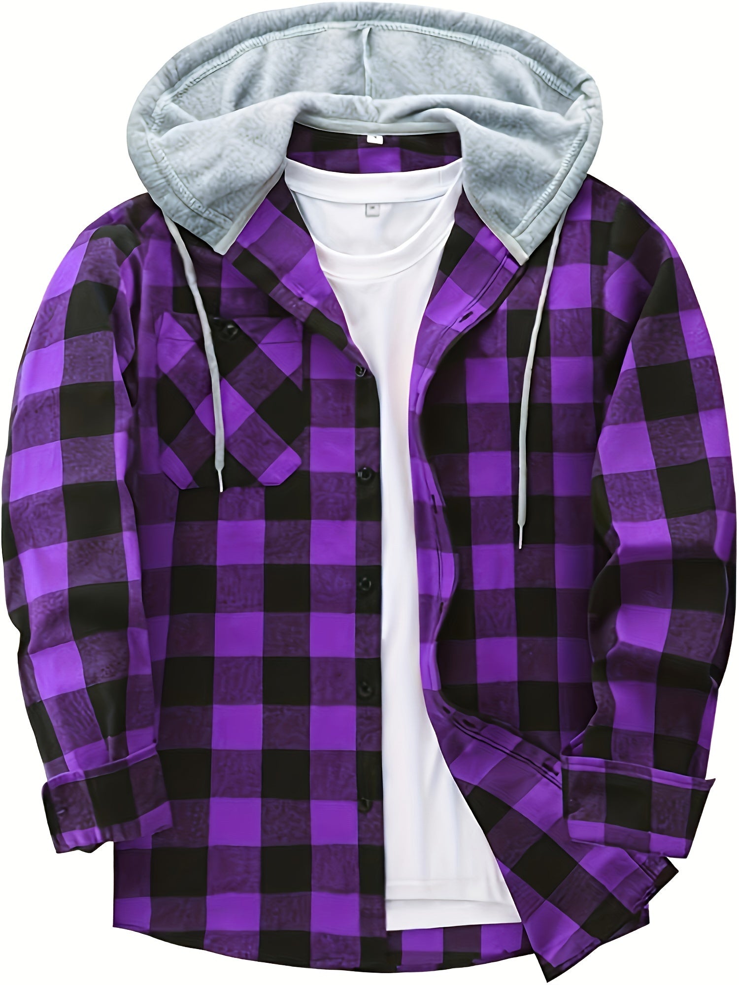 Men's Plaid Hooded Shirt Polyester Blend Casual Spring Fall Loose Fit Button Details