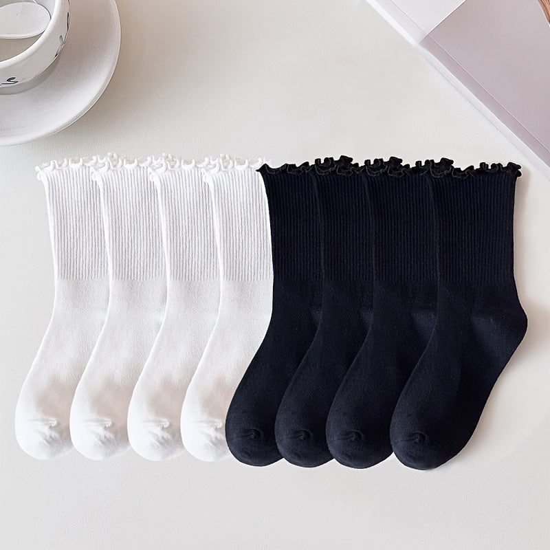 Women’s Knee-High Socks 6 Pairs Breathable Mid Tube Lettuce Trim Cotton Blend