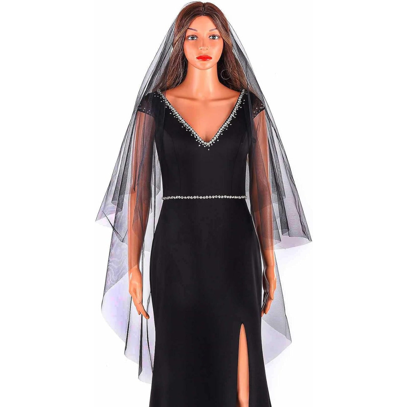 Black Lace Bridal Veil with Comb Fingertip and Long Length for Weddings and Occasions