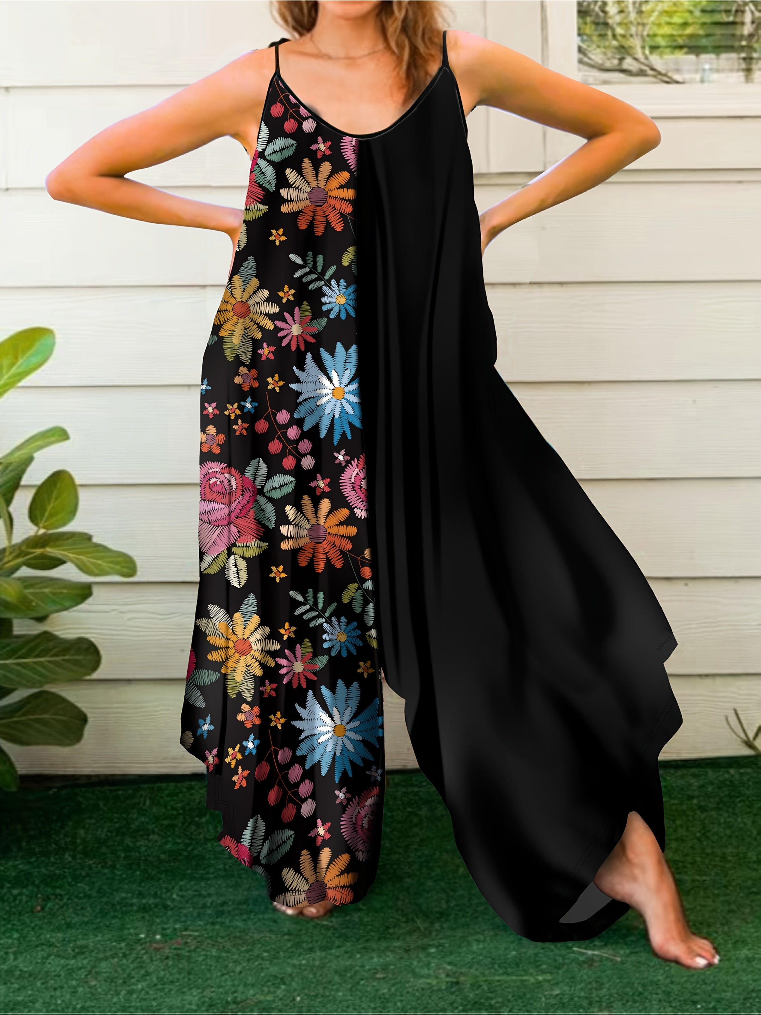 Plus Size Women's Floral Print Jumpsuit Polyester Spandex Slim Fit Summer Dress