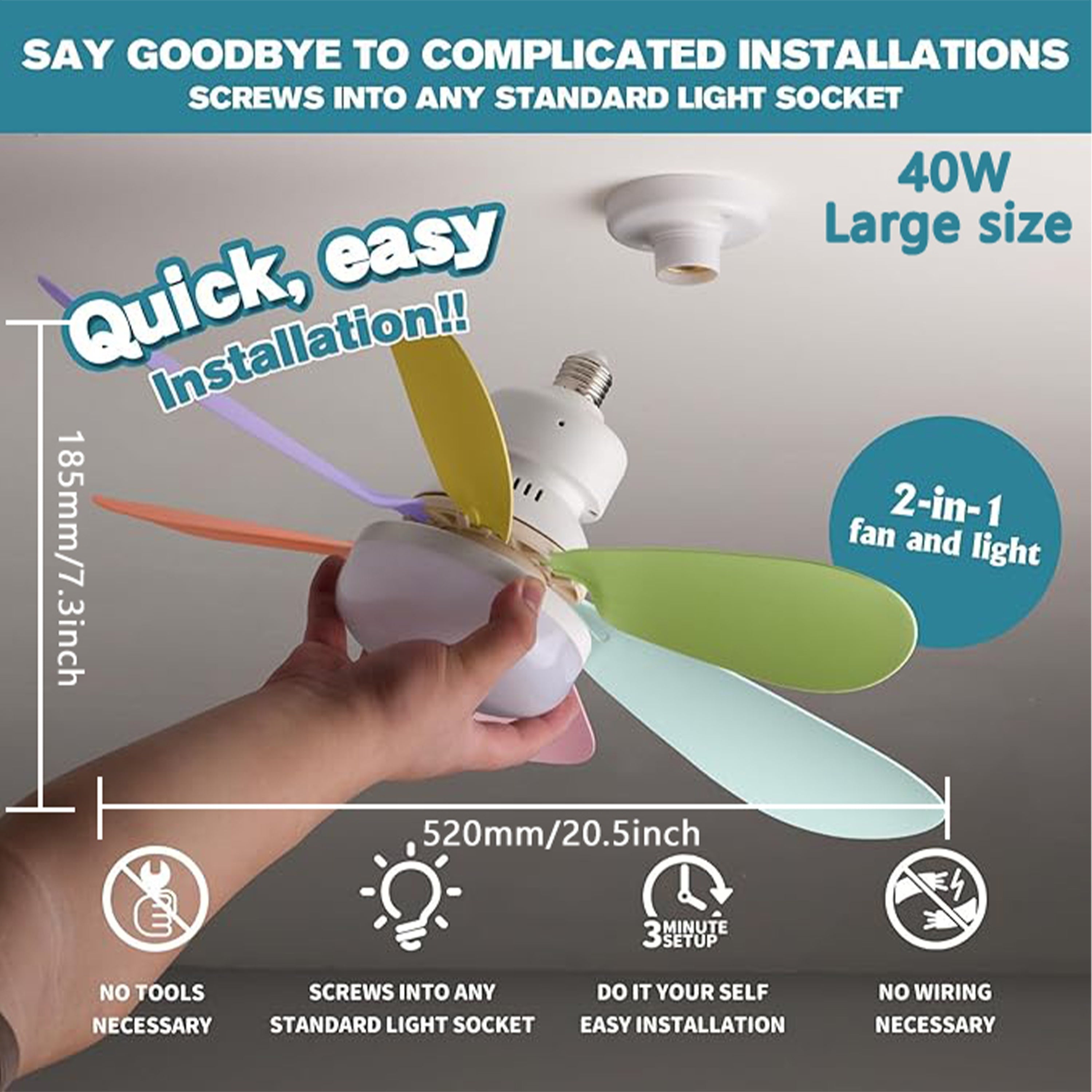 52cm Ceiling Fan Light with Remote Dimmable 3000K-6500K E26/E27 Socket White