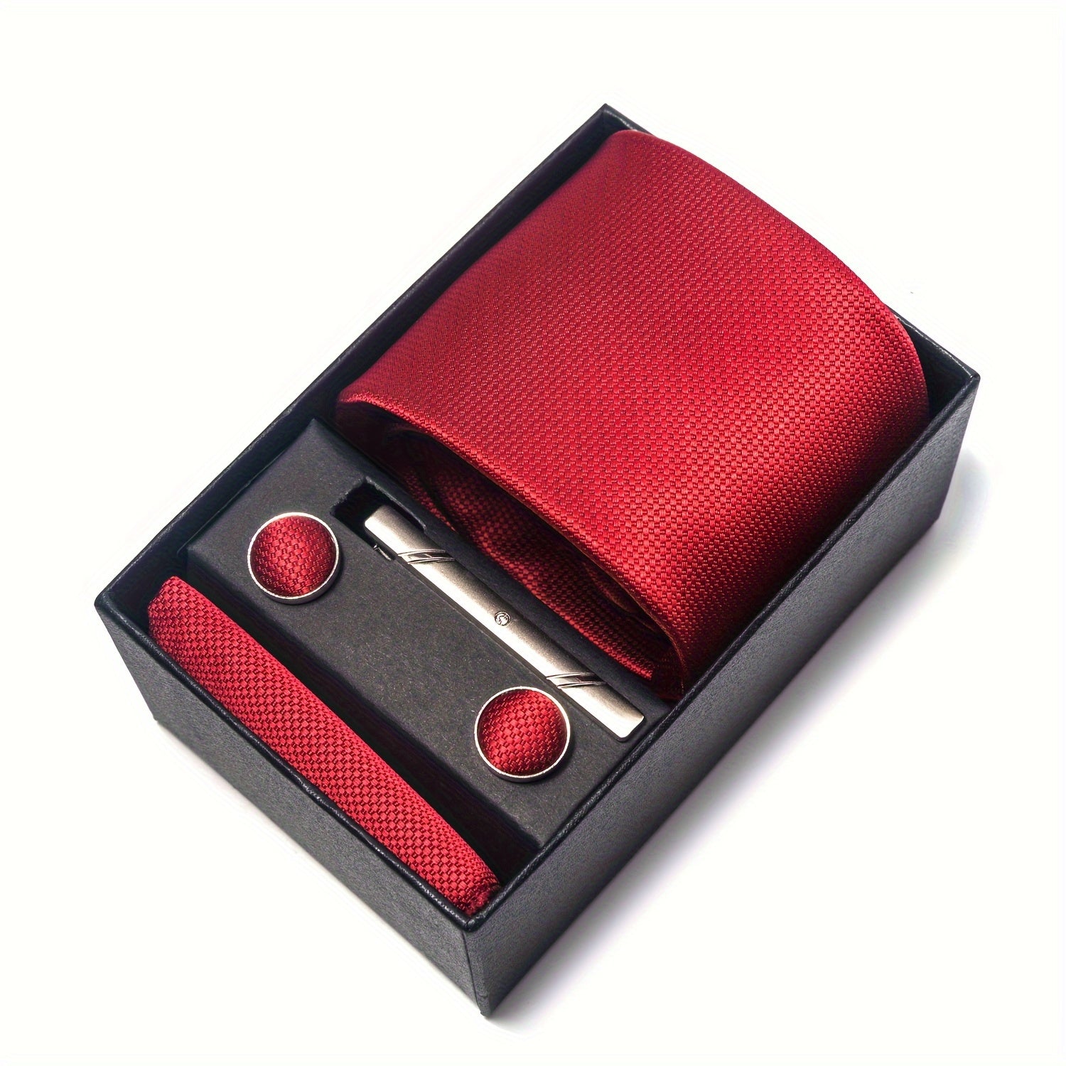 Men's Solid Color Tie Set with Square Cufflinks Gift Box for Wedding Business and Holiday
