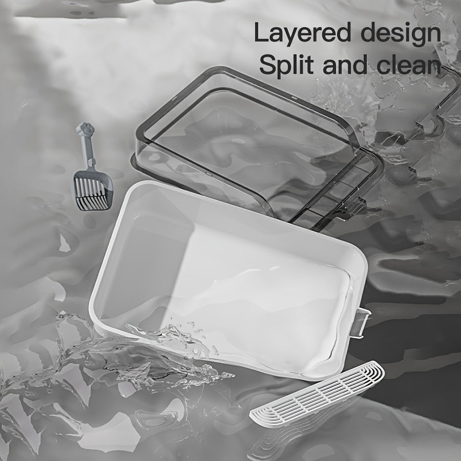 Rectangular Plastic Cat Litter Box with Removable Cover and Raised Edge