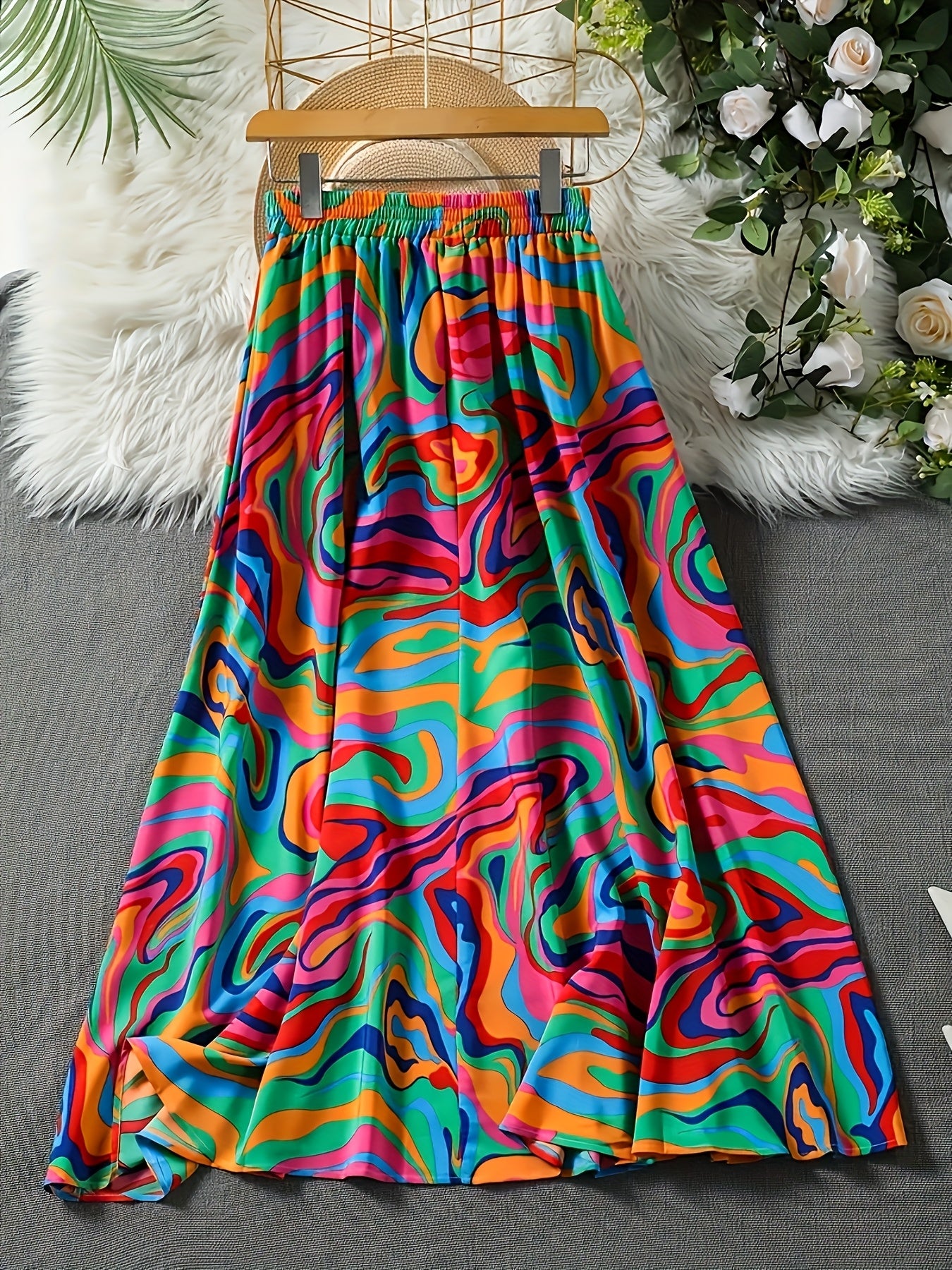 Falda midi casual de talla grande para mujer con estampado abstracto, tela fluida