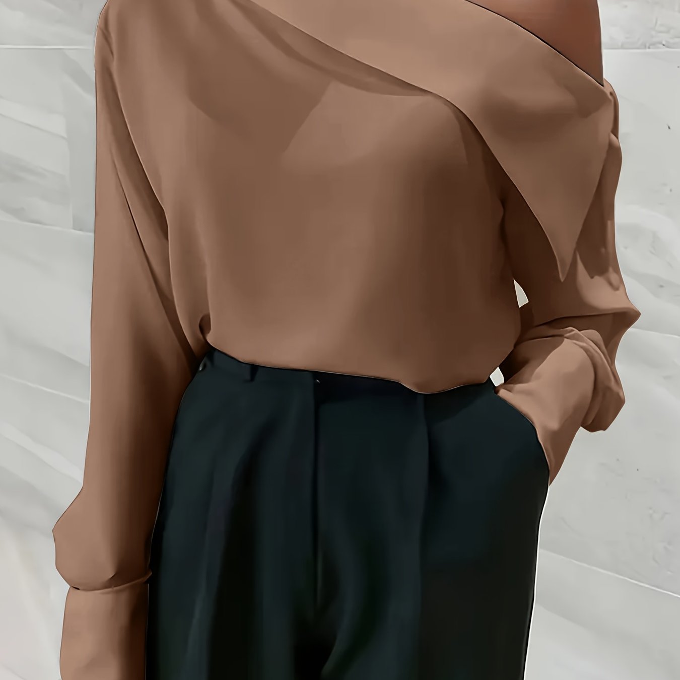 Plus-Size Women's Blouse Polyester One-Shoulder Long Sleeve Solid Color