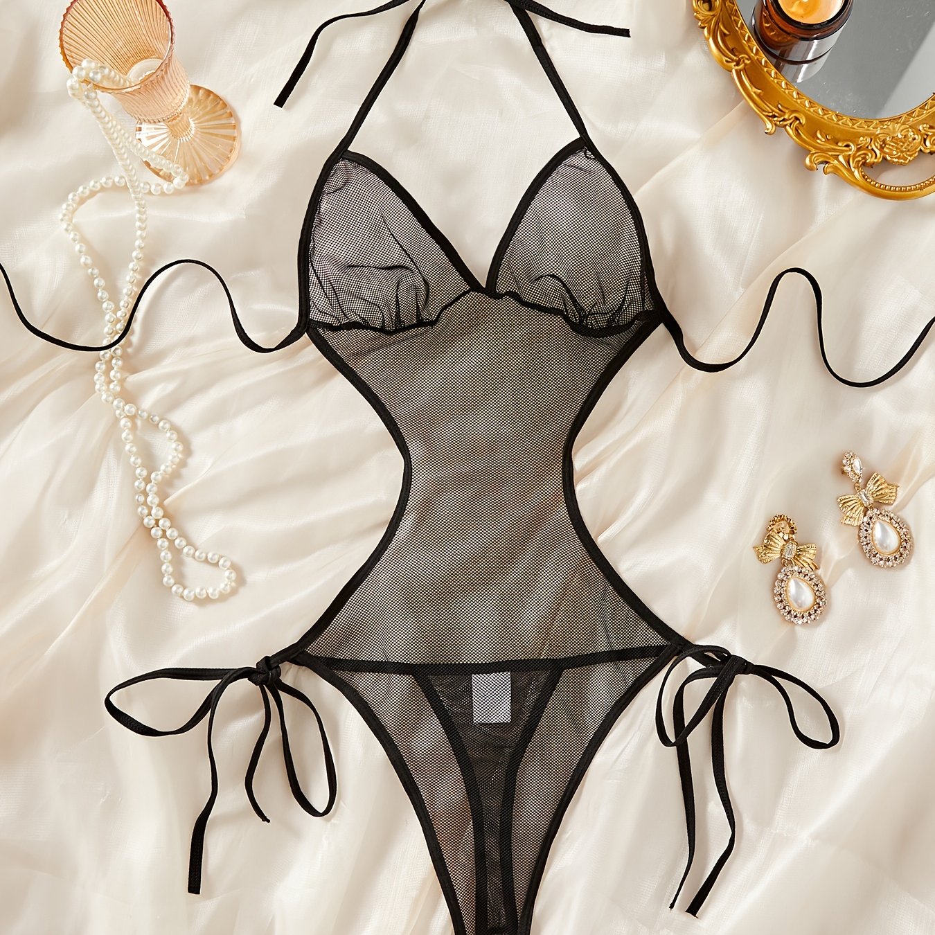 Women's Lace-Up Backless Bodysuit for Women Sexy Nightwear Black S M