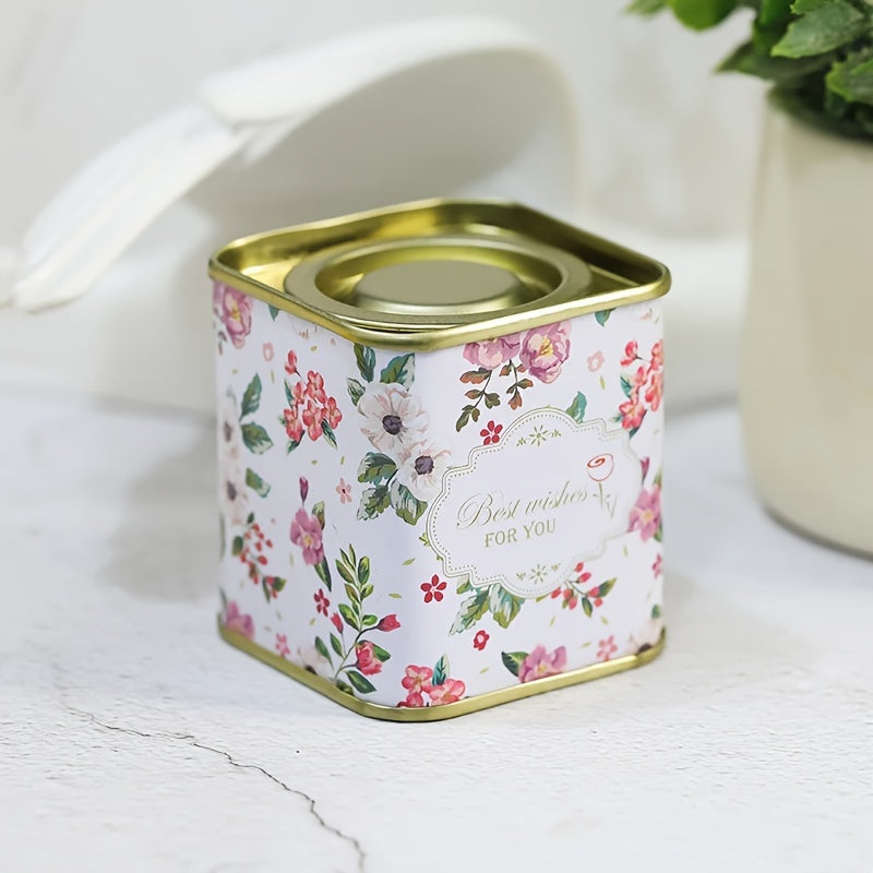 Decorative Floral Tea Storage Tin Square Canister Airtight Lid Food Safe