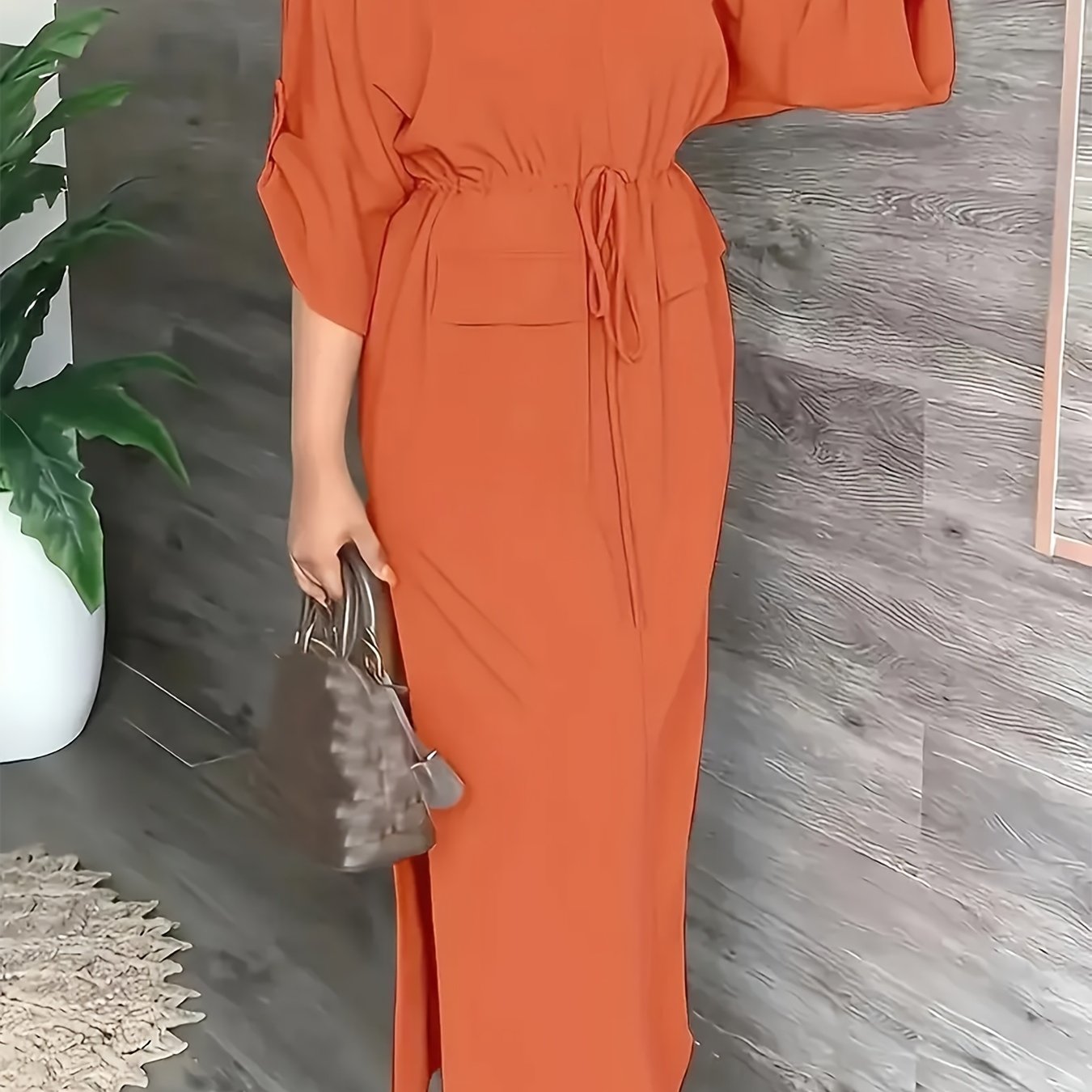 Vestido dividido de poliéster para mujer con cuello redondo, color sólido, elegante túnica