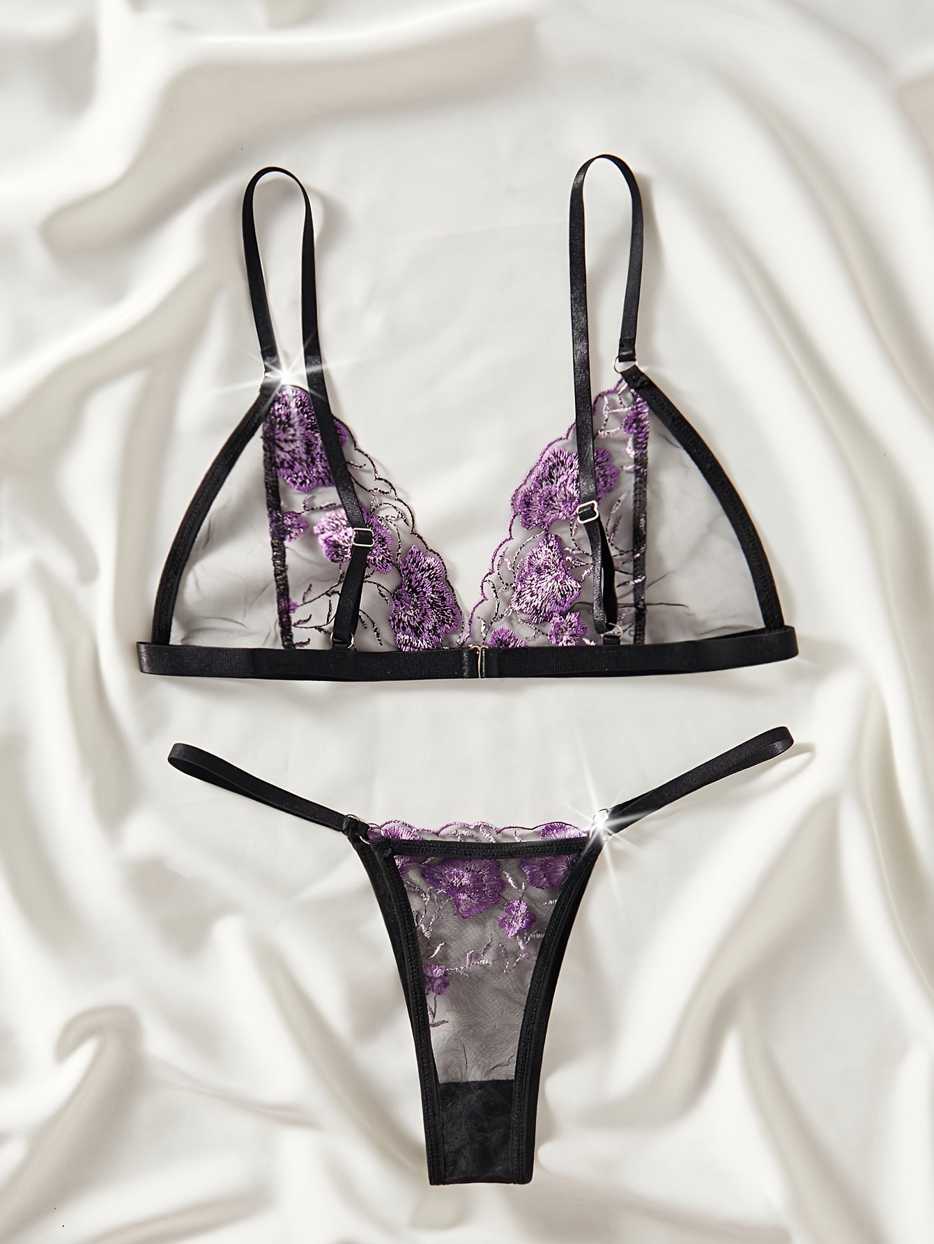 Women's Floral Embroidered Lingerie Set with Sheer Mesh Bra and Thong