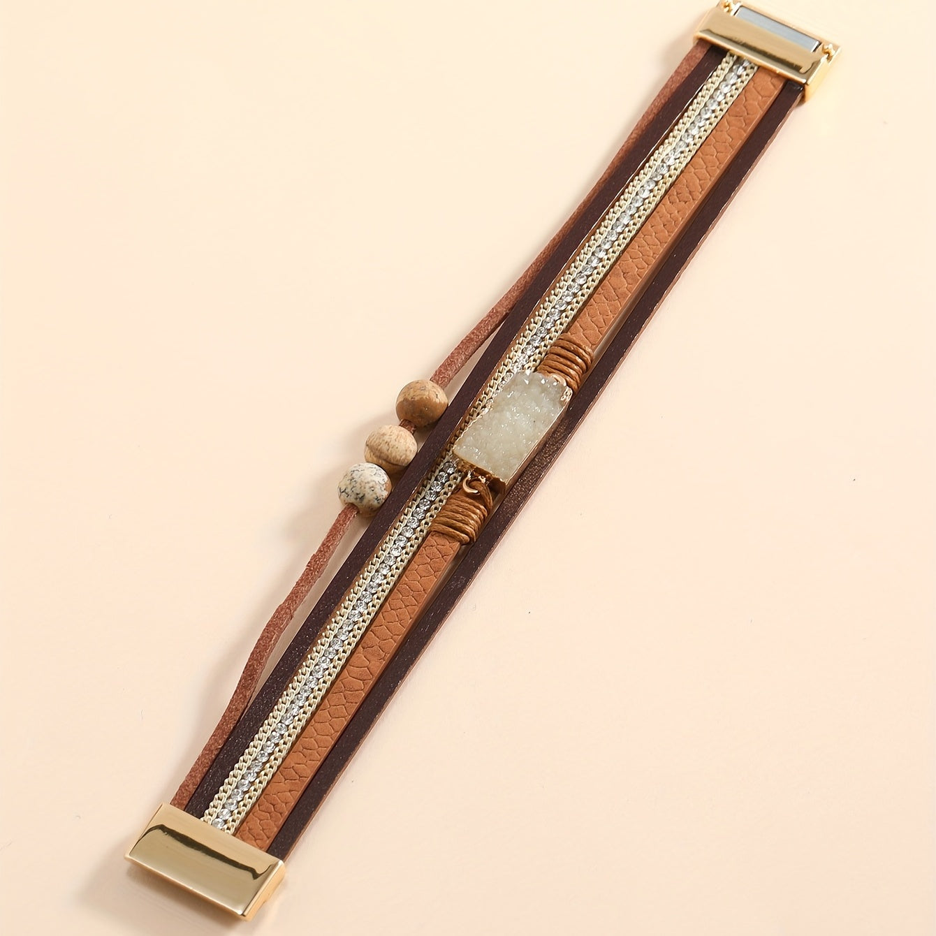 Bohemian Multi-Layer Faux Leather Bracelet with Rhinestone Resin Beads Magnetic Clasp Women’s Jewelry