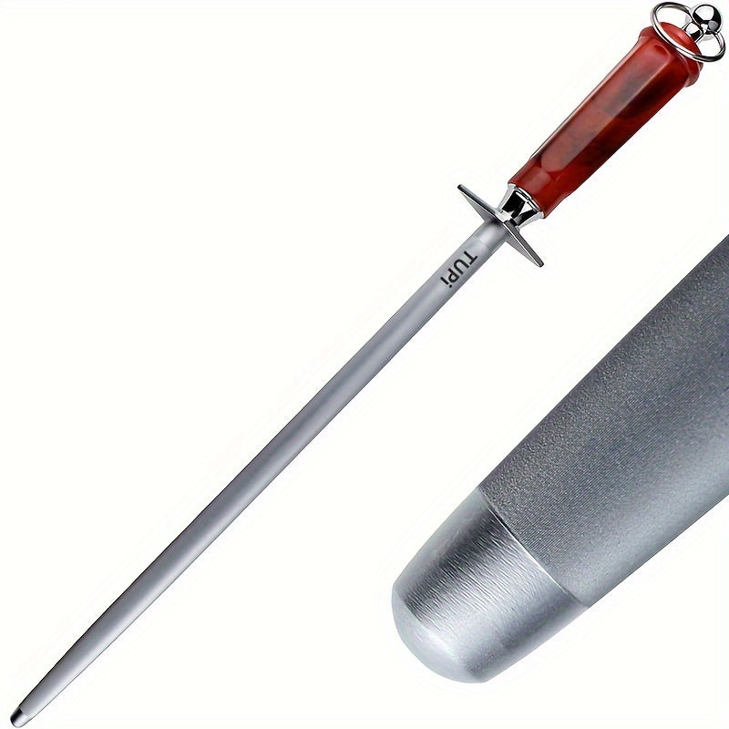 12-Inch Metal Knife Sharpener with Red Handle, High Carbon Steel, Fine Grit