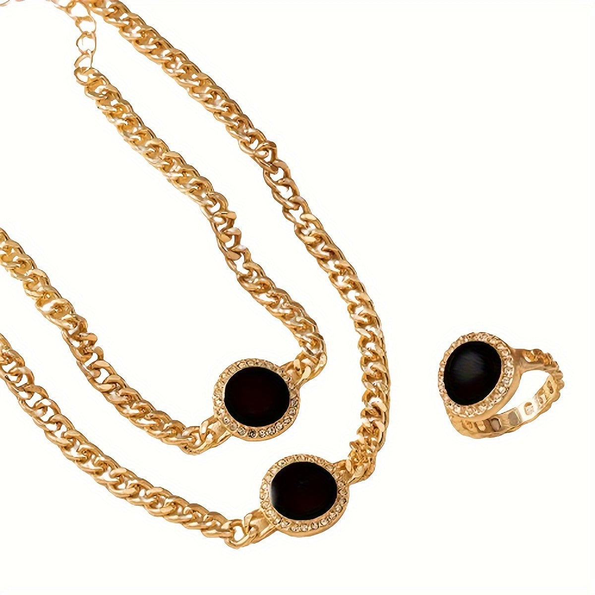Black Circular Jewelry Set Necklace Ring Bracelet 3-Piece Stylish Accessories