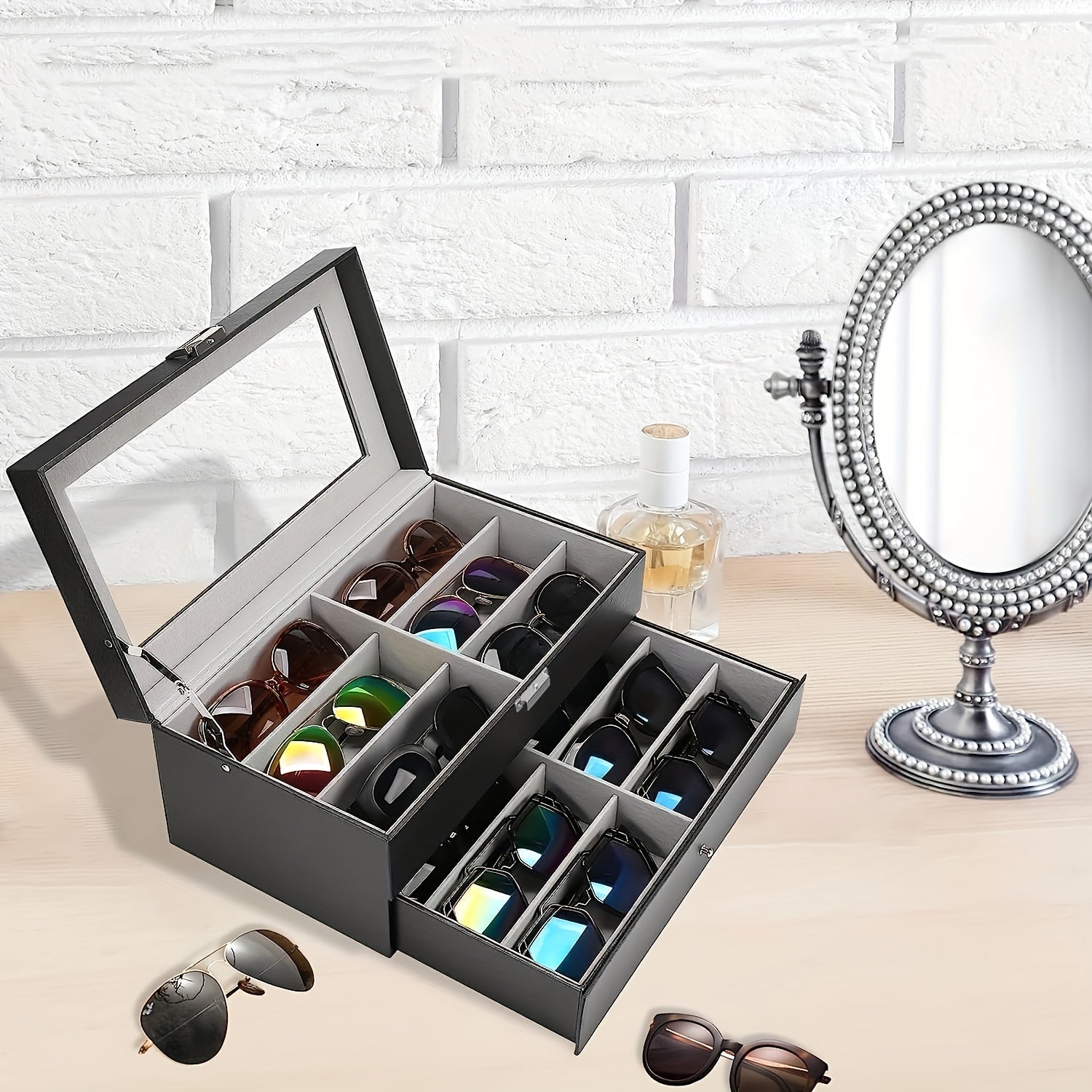 Gray Faux Leather Eyeglasses Organizer 12-Slot Storage Case for Men Women