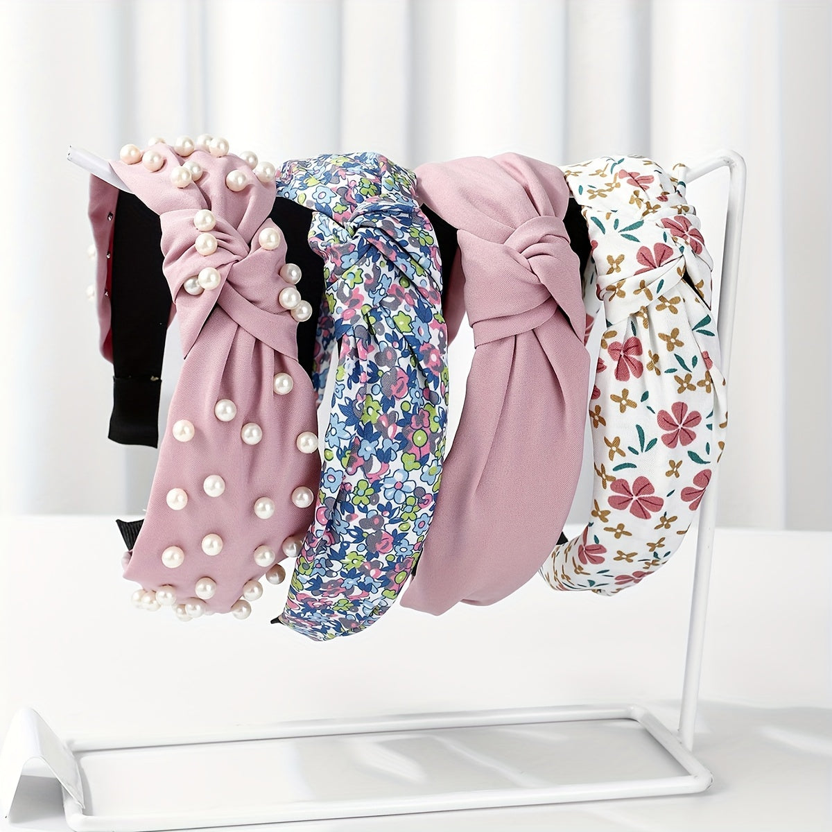 Set of 4 Women's Fabric Floral and Polka Dot Knotted Headbands with Faux Pearl Details